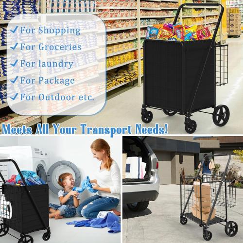 Heavy Duty Folding Shopping Cart for Groceries, Jumbo Grocery Carts with 360° Swivel Wheels, Waterproof Bag, Portable Utility Trolley for Daily, Laundry, Holds Up to 320 LBS