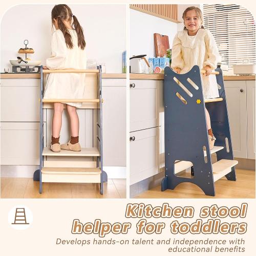 Toddler Standing Tower with Safty Rail & Non-Slip Pads, 3 Height Adjustable Toddler Tower with Chalkboard, Great for Kitchen Activities, Hand Washing & Creative Play, Blue
