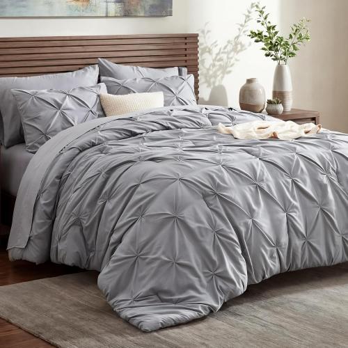 Bedsure Queen Comforter Set Grey - Bed in a Bag Queen Size Bedding 7 Pieces, GentleSoft™ Pintuck Bed Set Gift for Family, All Season Down Alternative Comforter with Sheets, Pillowcases & Shams