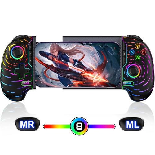 Mobile Wireless Phone Controller for iphone/Android with Hall Joystick, Mobile Game Controller with Phone Case Support, Compatible with Xbox Game Pass, Steam Link, Call of Duty, Roblox & Minecraft (Black - swirl-shaped light)