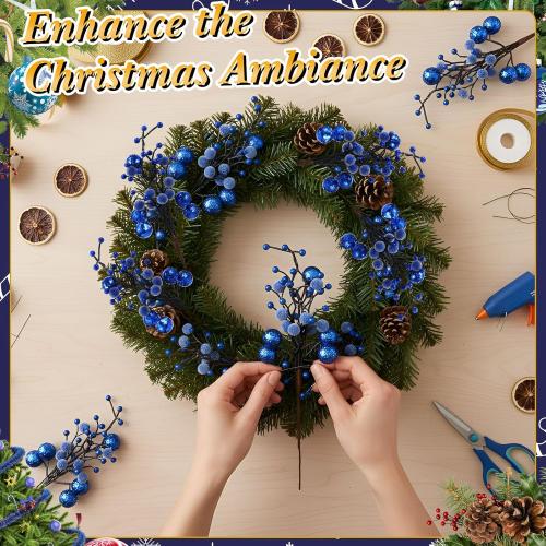 Syhood 12 Pack 11.8 Inch Valentines Glitter Holly Berries Stems Artificial Frosted Berries Picks for Christmas Tree Garland Wreaths Vase Fillers DIY Crafts Holiday Wedding Home Decor(Royal Blue)