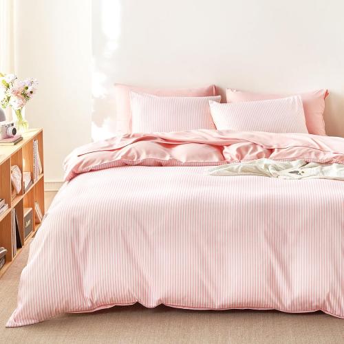 Size 90x90 Color Pink Wake In Cloud - Striped Comforter Set, Ticking Stripe Vertical Pinstripe Neutral Farmhouse Pattern Printed, Soft Lightweight Bedding, 3 Pieces, Pink White,