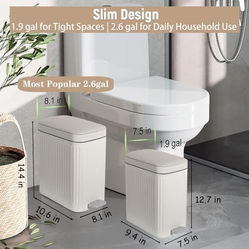 Small Bathroom Trash Can with Lid Slim Soft Close Garbage Can Step Wastebasket Container Trash Bin for Office Bedroom Kitchen Living Room (1.9 Gallon Cream)