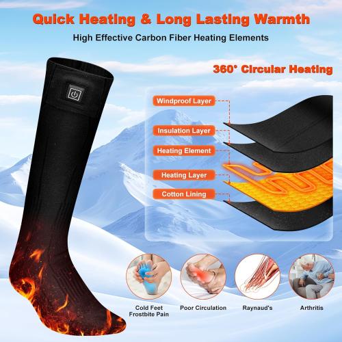 Heated Socks,7.4V 3200mAh Rechargeable Electric Socks for Men Women with 3 Heating Levels, Thermal Socks with Button Control for Ski Hunting Cycling Camping Hiking(Black)