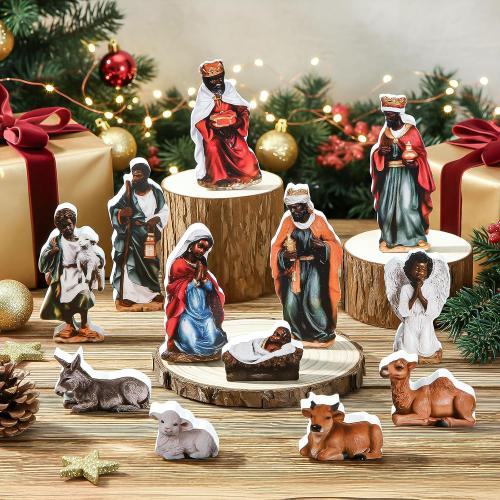 Thyle 12 Pcs African American Mini Nativity Scene Set for Christmas Indoor Decor Wooden Little Black Nativity People Set Mini Christmas Ornaments Gifts Xmas Tabletop Scenes Figures