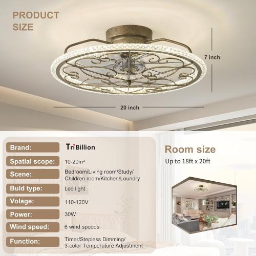 Low Profile Ceiling Fan with Lights 20 Ceiling Fan with Remote Bladeless Ceiling Fan Boho Vintage Flush Mount Ceiling Fan with Light 3 Color Smart LED Dimmable,Handmade Antique Vintage Silver