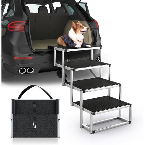 Dog Stairs for Car, Foldable Dog Ramp for Car with Non-Slip Surface, Portable Stairs Aluminum SUV, High Beds, Truck, Supports up to 150 lbs, 4 Steps