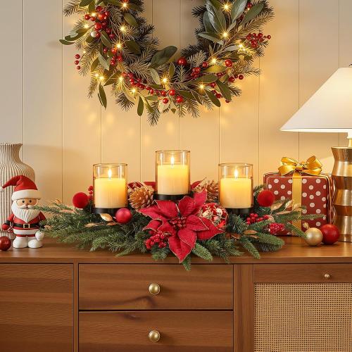 Alupssuc 28 Christmas Centerpiece with 3 Candle Holders Trays,Dining Table Decoration with Baubles, Pine Cones, Red Berries, Spruce Branches, Flower for Indoor Home Party Table Holiday Decor, 2 Pcs
