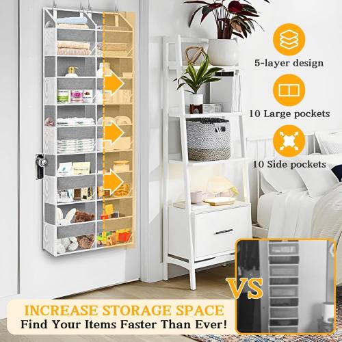 Over The Door Organizer, 5-Tier Extra Large Behind Door Storage with 10 Big Front & 10 Mesh Pockets, 80lb Capacity, Hanging Storage Organizer with Clear Window Kids Toys, Shoes, Diapers,**** Light Grey