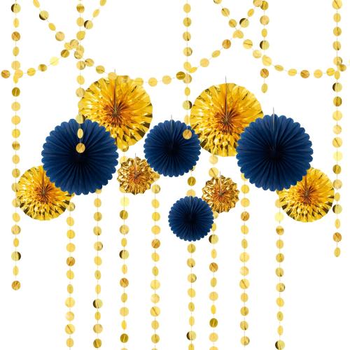 Cheerland Navy Blue and Gold Party Decorations Paper Fan Royal Blue Gold Milestone Birthday Party Decoration Garland Graduation Banner Circle Streamer Paper Hanging Baby Shower Party Favors 14 Pcs