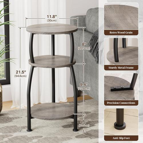 Small Round Side Table, 3-Tier End Table with Storage Shelf, Slim Sofa Table Coffee Table, Sturdy & Easy Assemble Nightstand for Small Spaces, Living Room Bedroom Corner, Grey
