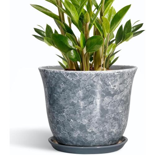 Ceramic Pots for Plants - 10 Inch Planter with Drainage Hole and Saucer, Round Plant Pot for Indoor Outdoor, Decorative Flower Pot, Modern Planter, Garden Decor, Gifts for Plant Lover, Grey