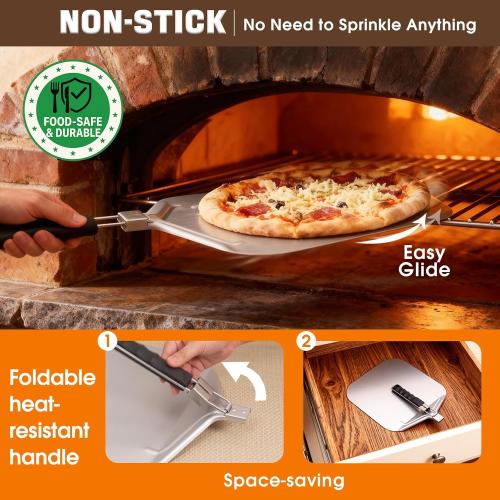 Bonteck Pizza Peel Aluminum Metal Pizza Spatula Kit | 12x14 Inch Foldable Handle Paddle | 6Pcs Pizza Oven Accessories with Rocker Cutter, Pizza Pan, Pizza Server, Oven Mitts, for Family Oven Baking