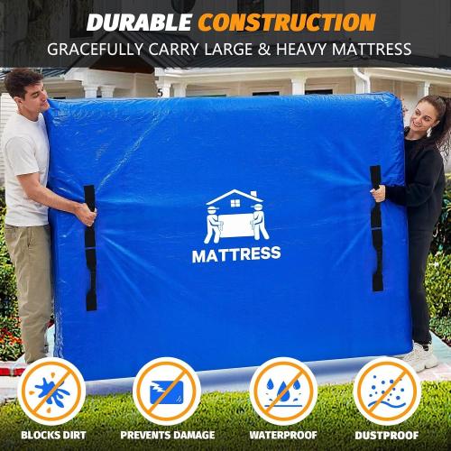 Mattress Bags for Moving, BETU Mattress Protector Waterproof Mattress Cover Full Size Storage Bags with 8 Heavy-Duty Handles and Zipper for Bed Extra Thick Large Reusable (77x57x15 Blue)