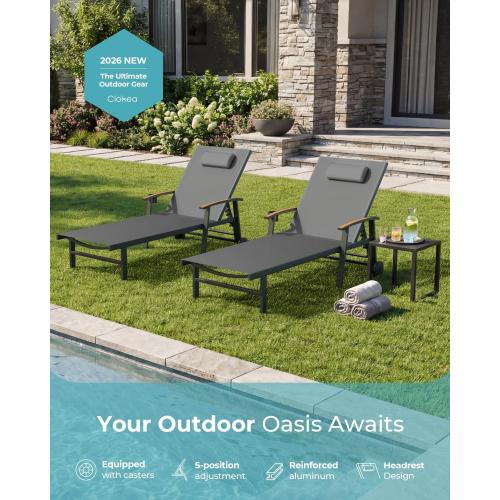 Ciokea Outdoor Lounge Chair with Pillow, 5-Position Aluminum Chaise Lounge with Wheels & Armrests, 400 lbs Heavy Duty Patio Pool Chair for Deck, Backyard, Beach & Poolside, Grey