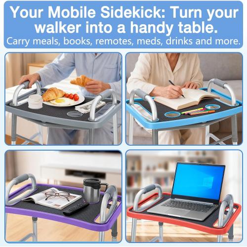 Walker Tray for Seniors with Dual Cup Holders & Side Pouch (Blue) | Durable Food & Drink Table, Lightweight with Non-Slip Pad, Compatible with Walker of 10210-1 Model