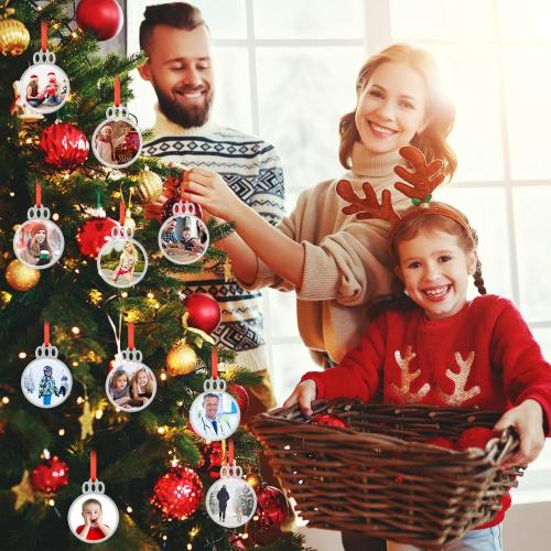 24 Pcs 2025 Christmas Clear Round Frame Ornaments with Red Ribbon, Acrylic Blank Round Photo Frame Bulk, Hanging Photo Ornaments for Christmas Tree Decoration (Crown Style)