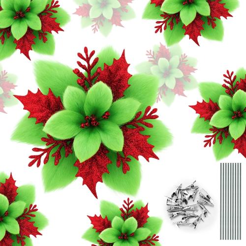 Zeyune 15 Pack Green Poinsettia Flowers Glitter Artificial Christmas Poinsettia Decor 5.5'' Plush Flowers Picks with Clips and Stems DIY for Xmas Tree Wreath Holiday Home Party Decor(Green Red)