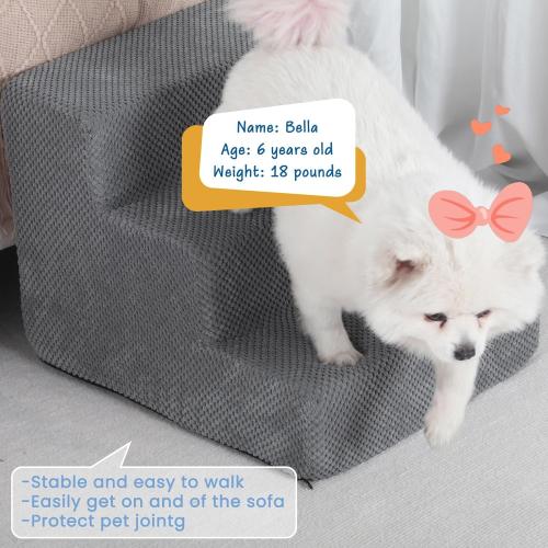Dog Stairs for Small Dogs, 3-Step Non-Slip Pet Stairs for Couch Sofa and Chair, Dog Bed Stairs for Puppy, Older Cat,Grey,13.6 H