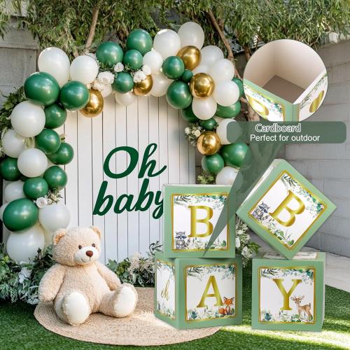Sage Green Baby Boxes with Letters for Baby Shower, 4pcs Safari Jungle Print Baby Shower Decorations for Balloon Boxes Gender Reveal Baby Blocks BabyShower for Birthday Party Favors