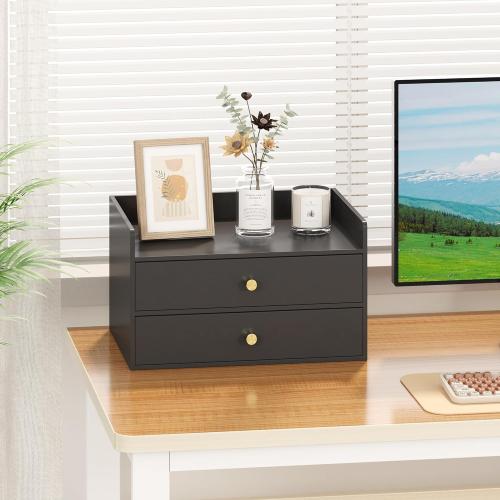 Bamboo Desk Organizer with Drawers Wooden Desktop Storage Drawers for Bills Office Supplies Kitchen Utensils Organizing Tool for Home Classroom Organization No Assembly (2 Drawers, Black)