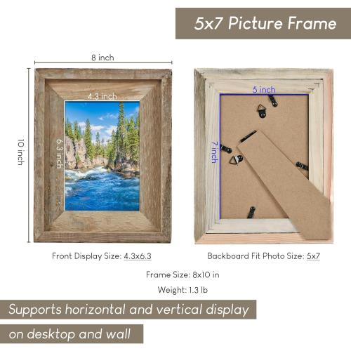 Rustic 5x7 Picture Frame, Reclaimed Barnwood Photo Frame with Real Glass, Distressed Natural Wood Frame for Wall and Tabletop Display, Farmhouse Country Home Office Cabin Décor
