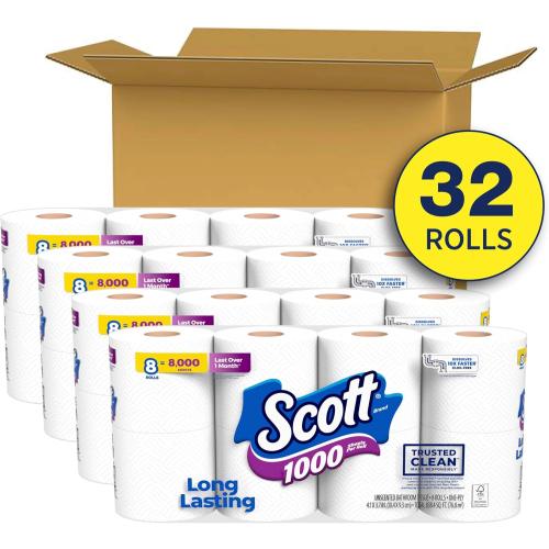 Scott 1000 Toilet Paper, 32 Rolls, Septic-Safe, 1-Ply Toilet Tissue