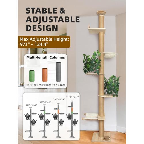 Fantasreen Cat Tree Floor to Ceiling Cat Tower Ajustable Height 97.1-124.4 Inches Tall and 4.5 Inches Thickened Post Large Cat Tree Tower for Indoor Cats Modern