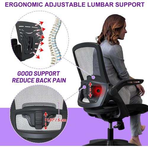 Ergonomic Mesh Seat Home Office Computer Desk Chair Height Adjustable Lumbar Support with Flip Up Arms Swivel Wheels for Adult