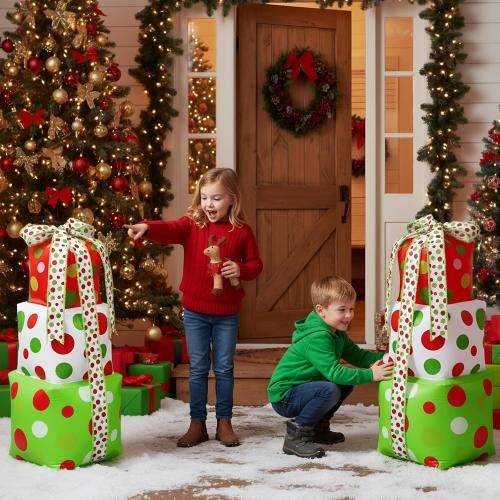 2 Pcs 3 ft Christmas Inflatable Gift Box Decorations, PVC Xmas Gift Box for Holiday Indoor Outdoor Yard Garden Lawn Photo Props