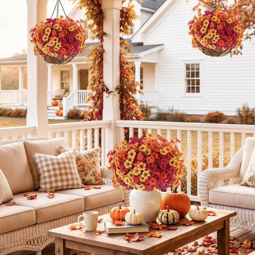 Powbrace 22 Pack Artificial Fall Flowers Mums for Outdoor Indoor(Fall Mix) | Fake Mums Plants Faux Fall Silk Flowers for Outdoors Outside Front Porch Hanging Planter Window Box Garden Fall Decoration