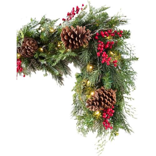 Balsam Hill Outdoor Red Berry Pine Christmas Garland - Fresh Traditional Greenery Garland with Natural Elements & Battery-Operated LED Clear Lights for Indoor and Outdoor Holiday Decorating, 6'