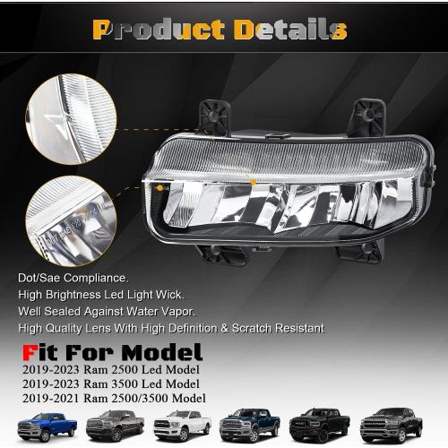 FICOLPOLed Fog Lights Assembly for 2019 2020 2021 2022 2023 2024 Dodge Ram 2500 3500 Pickup - Bumper Driving Fog Lamps OEM Replacement with Bracket, Bezels, Switch, Harness (White)
