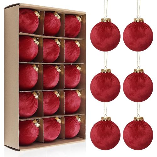 Christmas Tree Ornaments Velvet Balls - 15 Pack 3.15inch with Elegant Color, Velvet Fabric Wrinkle Design for Xmas Tree, Fireplace, Tabletop, Church, Decor (Red)