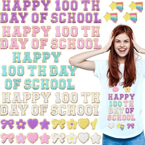Yungyan 104 Pcs 100 Day of School DIY Shirt Letter Patches Chenille Self-adhesive for Teacher Backpack Cloth Preppy Embroidery Sticker Cute Star Heart Rainbow Patch Craft Hat Iron on Activity Supplies