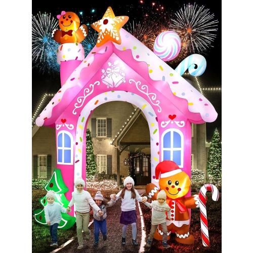 Kalolary 12FT Christmas Inflatable Archway Outdoor Decorations, Pink Christmas Gingerbread Man Inflatable Arch Blow Up Yard Decoration with Build-in LED Lights for Outdoor Yard, Lawn, Garden Decor