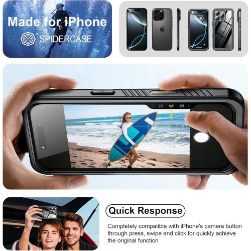 SPIDERCASE for iPhone 16 Pro Case Waterproof,Black/Clear | Built-in Lens & Screen Protector, Full Heavy Duty Protection, 12FT Military Shockproof, Dustproof, Anti-Scratched Case