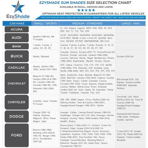 EzyShade Windshield Sun Shade with Shield-X Reflective Technology. See Size-Chart with Your Vehicle. Foldable 2-Piece Car Sunshades Reflect UV Sun and Heat and Protect Your Car. Standard (Medium) Size