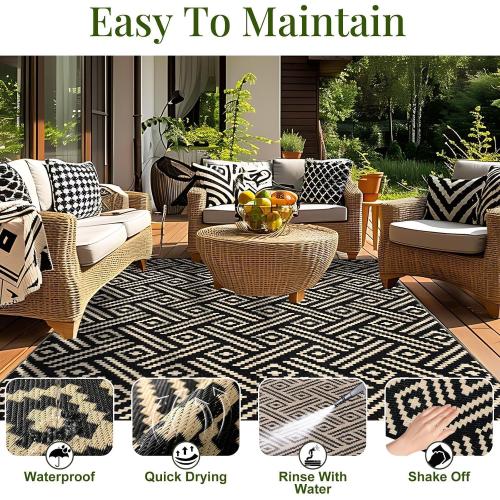 OPPODREAM Outdoor Rug 5x7, Plastic Straw Rug for Patio, Beige & Black | Reversible Checkered, Waterproof Carpet for Balcony, Porch, Backyard, Deck, Camping, RV
