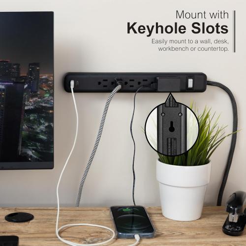 GE 6-Outlet Power Strip with USB, 1 USB-A, 1 USB-C, Outlet Extender, 6 Ft Braided Extension Cord, Flat Plug, Charging Station, Black, 82595