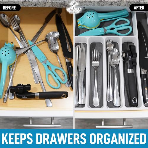 Zulay Kitchen Silverware Organizer Tray - 6-Compartment Non Slip Kitchen Utensil Organizer With Soft-Grip Interior Lining - Space Saving Utensil Drawer Organizer For Drawer & Silverware Holder