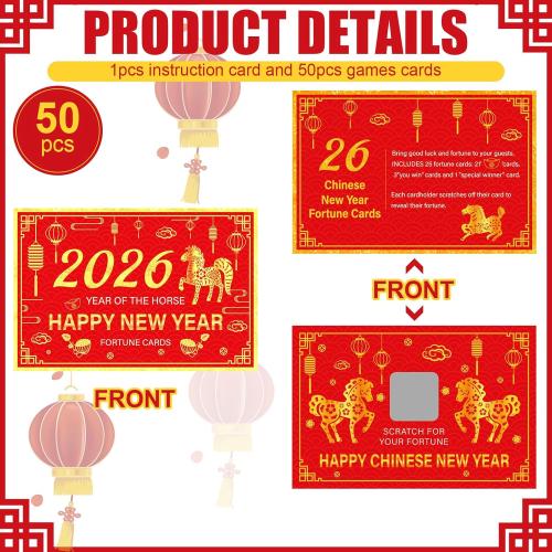 50 Counts Chinese Lunar New Year 2026 Scratch Off Fortune Cards with 50 Fortune Coins 2026 Year of The Horse Party Games Spring Festival Party Supplies for Presents Gifts Decorations(Horse)
