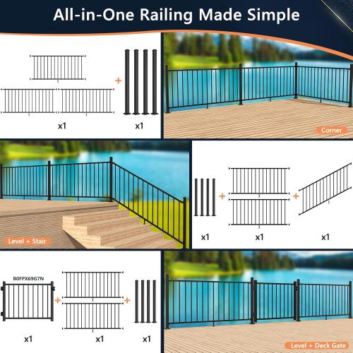 Modular 1 Pack 4ft x 36in Aluminum Deck Railing Kits for Stairs, AAMA 2604–Grade Textured Matte Black Porch Railing Kit, Decking Railings for Outdoor Decks and Porches