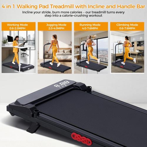 Folding Foldable Walking Pad Treadmill with Handle Bar and Adjustable Incline, 3.5HP Portable Electric Treadmills with Handles for Home Small, Home Treadmills with Incline, 0.6-7.6MPH, 350LBS
