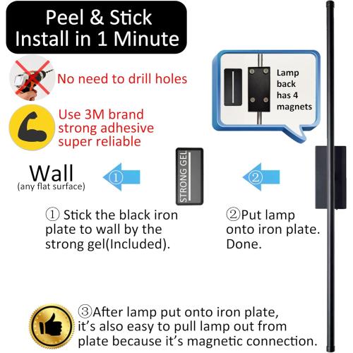 Easy Install Peel and Stick on Battery Operated Wall Sconces Set of 2 Rechargeable, Magnetic Linear Wall Sconce Wireless Long Picture Vanity Wall Light for Living Room Bedroom (2 Pack, 28.3'', Black)