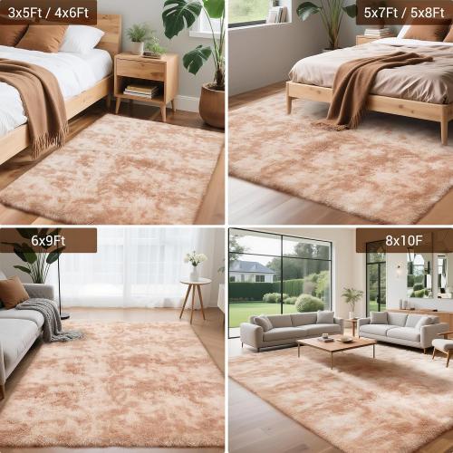 YOBATH Fluffy 5x8 Shag Area Rugs for Bedroom Living Room, Soft Fuzzy Shaggy Carpet Rugs for Girls Boys Kids Indoor Floor Nursery Home Decor, Tie-Dyed Beige