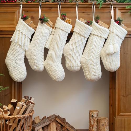 steo spce 6 Pack Vintage Knit Christmas Stockings – White Beige Apricot Rustic Boho Farmhouse Cable Knitted Holiday Set
