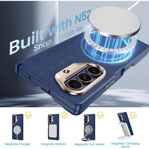 for Samsung Galaxy Z Fold 7 Case with Screen Protector, [One Piece Box-Style Case] [Compatible with Magsafe] [Hinge Protection] Slim Thin Full Body Shockproof Leather Phone Cover for Z Fold7 - Blue