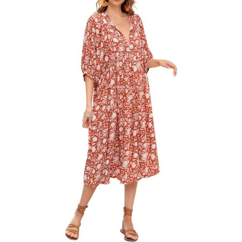 Size medium R.Vivimos Womens Summer Casual Midi Dress Lantern Sleeve Tie V Neck Boho Floral Print Loose Fit Flowy Long Dresses