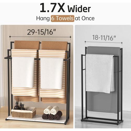 KES 44” Extra Large Free Standing Towel Racks for Bathroom, 3 Tiers Blanket Rack, Blanket Holder for Living Room with Weighted Marble Shelf & 4 Hooks, Black, BTH504-BK